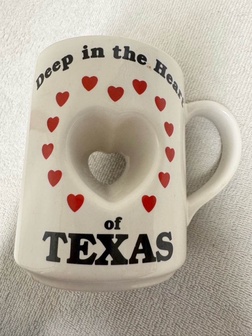 Deep in the Heart of Texas Ceramic Mug - White with Red Hearts